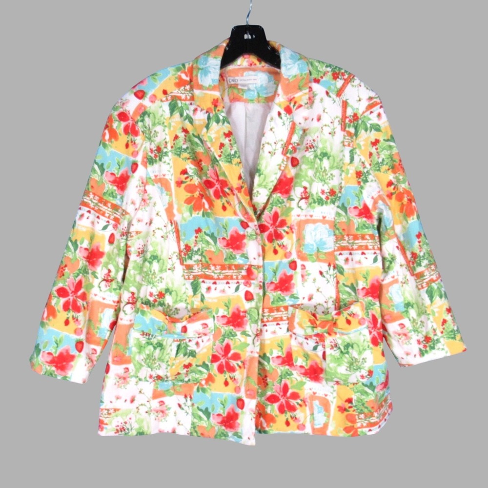 CATO Multicolor Floral TWILL 3-Buttons BOW TIE POCKETS 3/4 Sleeves JACKET 14/16W